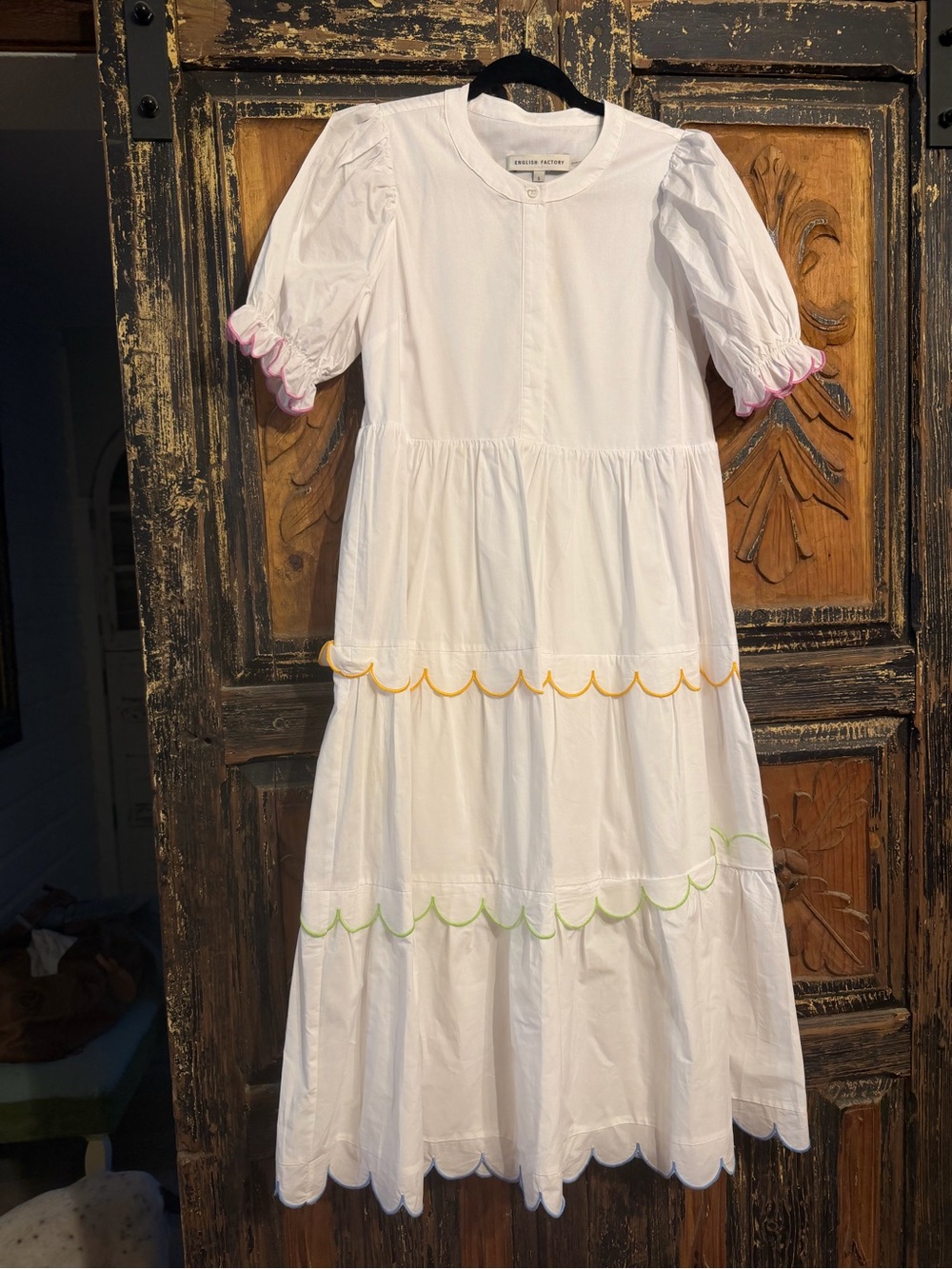 English Factory White Tiered Dress with Multicolor Scallop Trim